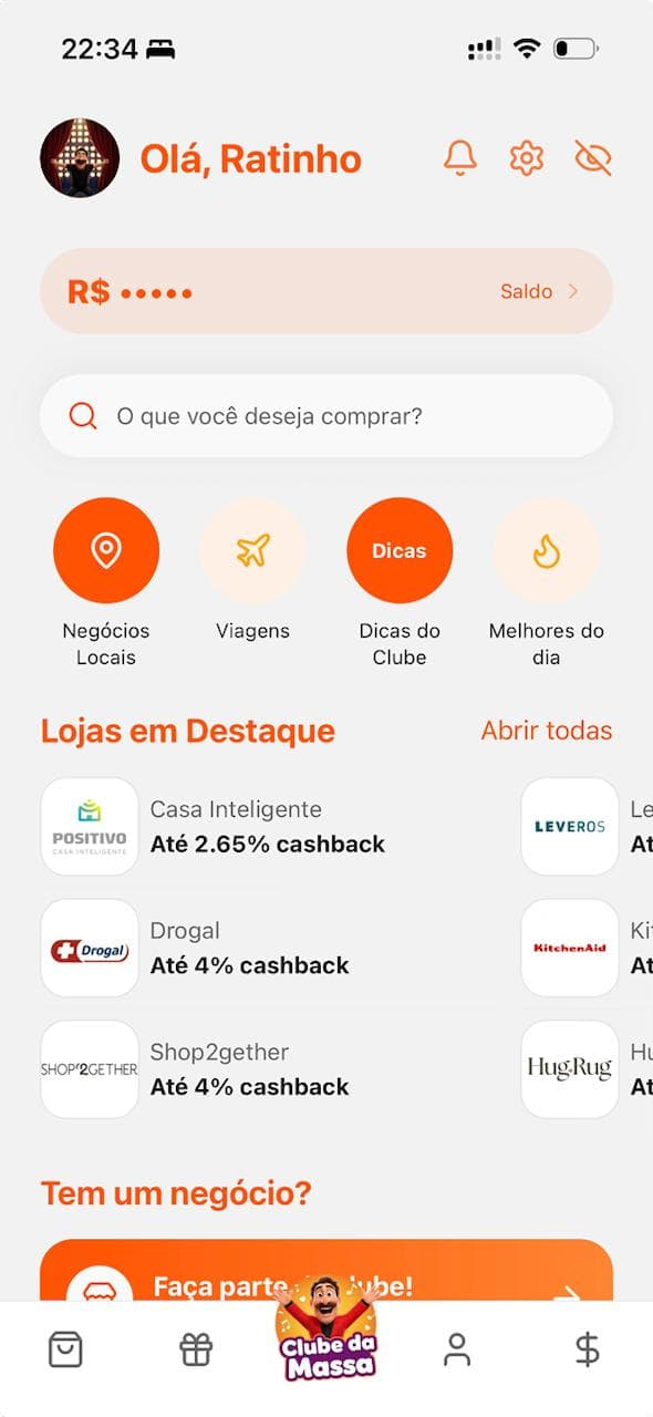 Tela do app Clube da Massa mostrando lojas, cashback e ofertas